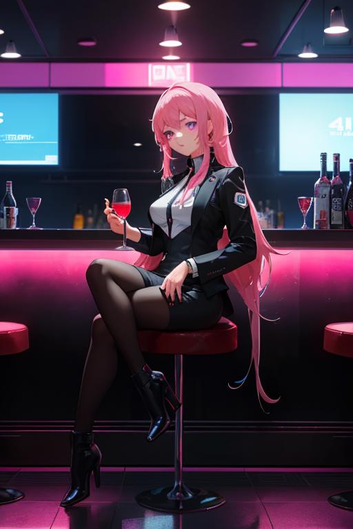 00220-984404887-Cyberpunk, 1girl, sitting in a futuristic bar, holding a glass, modified human, elegant suit, pink hair, purple eyes, looking in.png